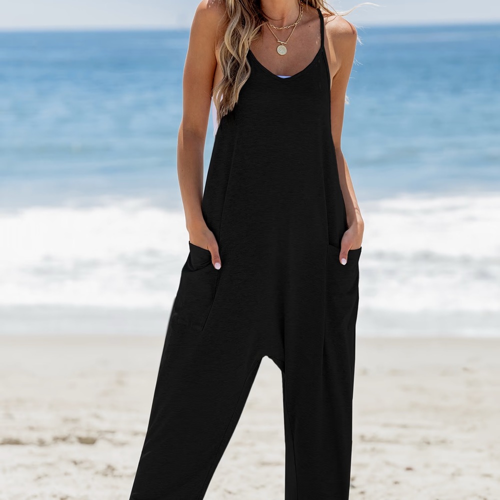 Black Sleeveless Scoop Neck Drop Crotch Womens Jumpsuit